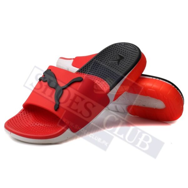 puma red and black slippers